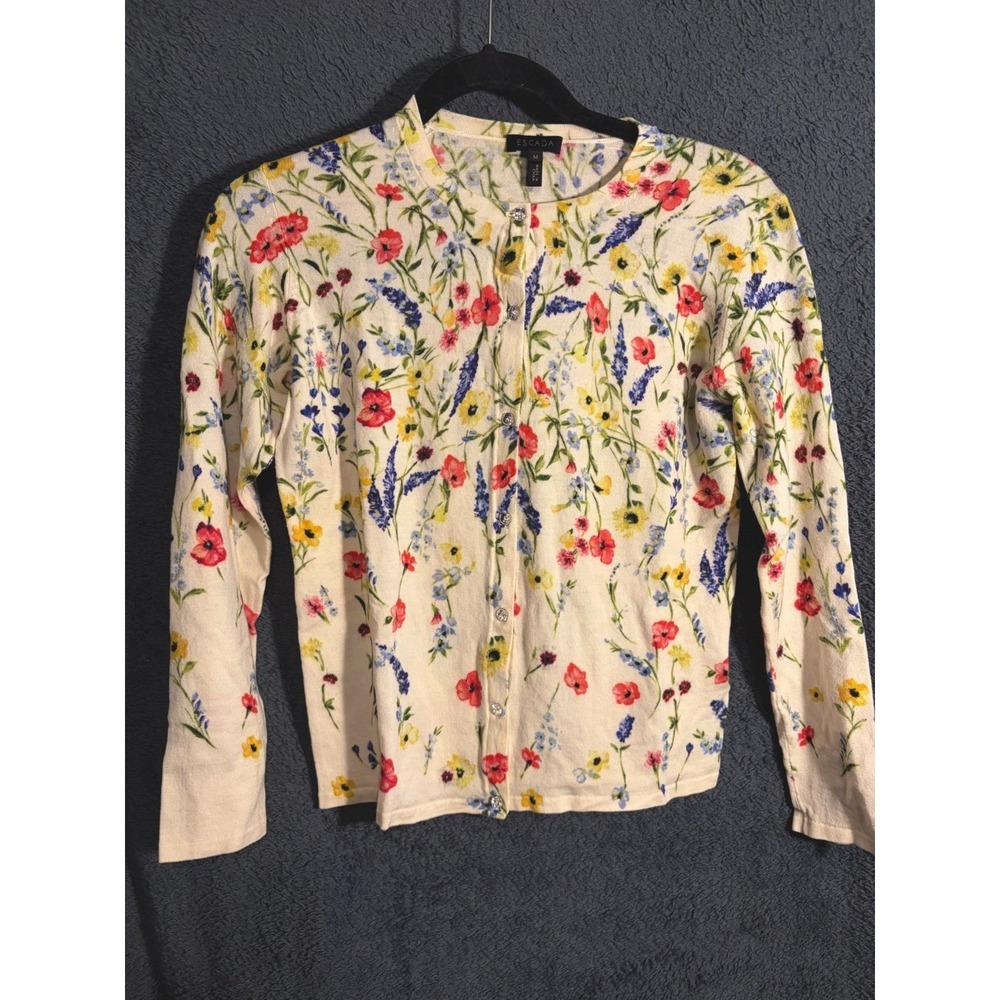 Escada Women Cardigan Cream Floral 100% Virgin Wool $995 Retail Gem Buttons Sz M